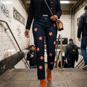 Star Patterned Jeans with Orange Accents